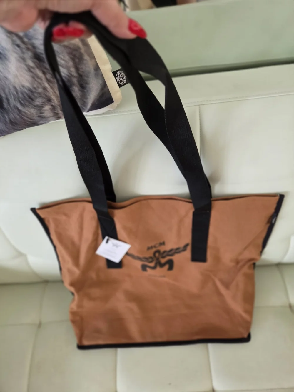 MCM Brown Canvas Tote Bag with Black Straps
